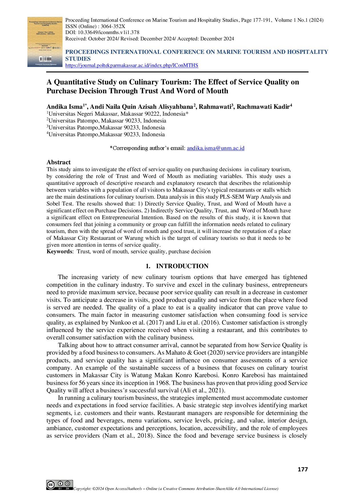 A Quantitative Study on Culinary Tourism: The Effect of Service Quality on Purchase Decision Through Trust and Word of Mouth