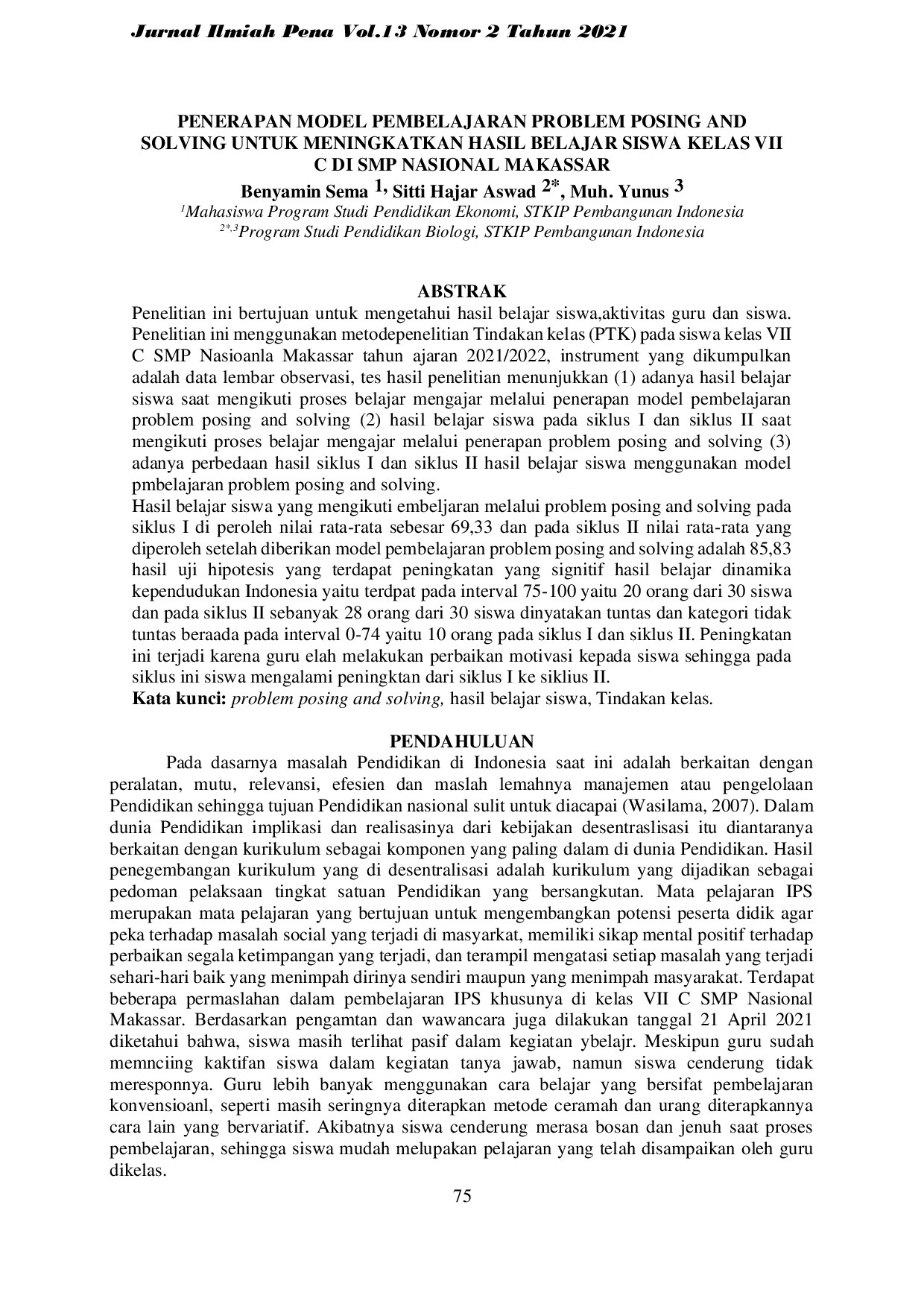 PENERAPAN MODEL PEMBELAJARAN PROBLEM POSING AND SOLVING UNTUK MENINGKATKAN HASIL BELAJAR SISWA KELAS VII C DI SMP NASIONAL MAKASSAR