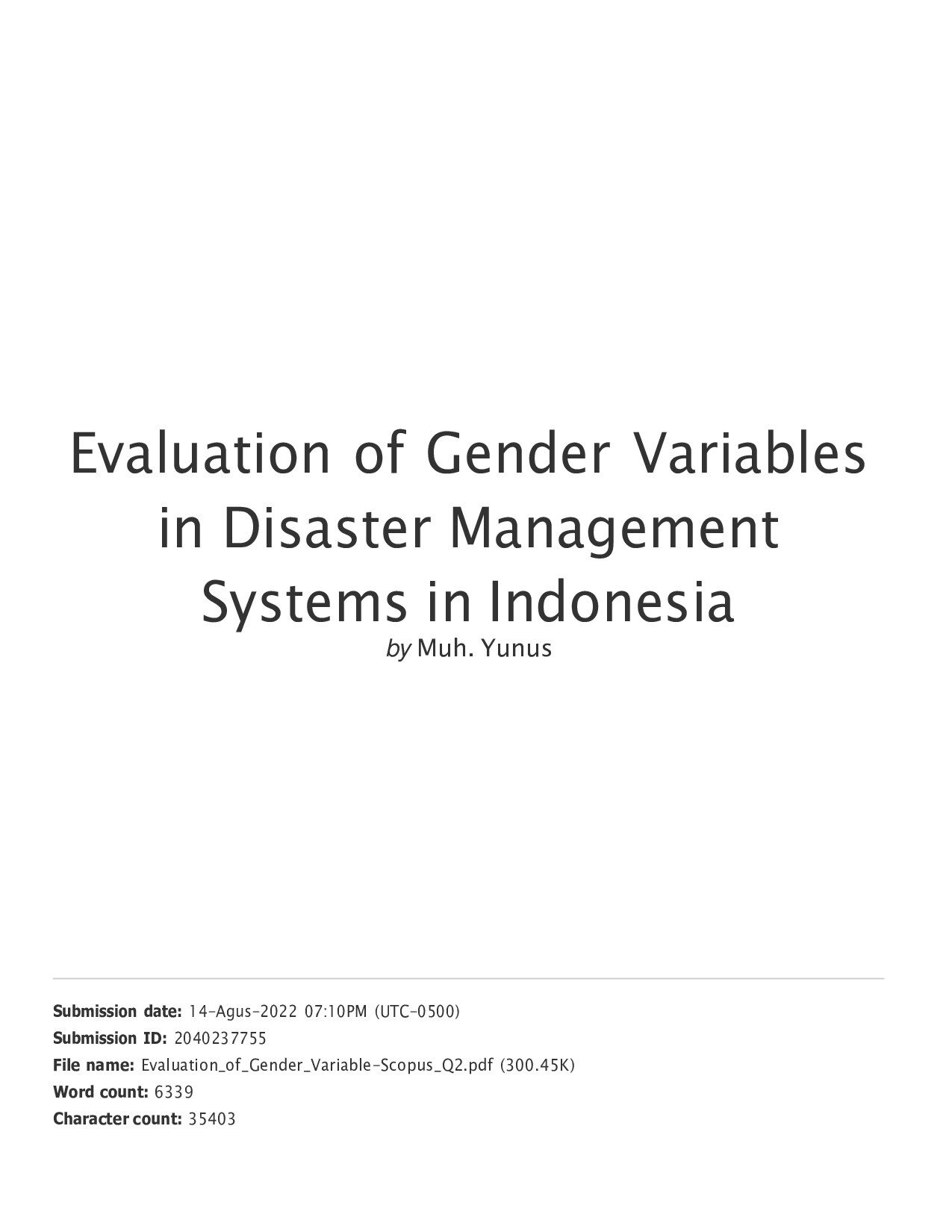 Evaluation of Gender Variables in Disaster Management Systems in Indonesia